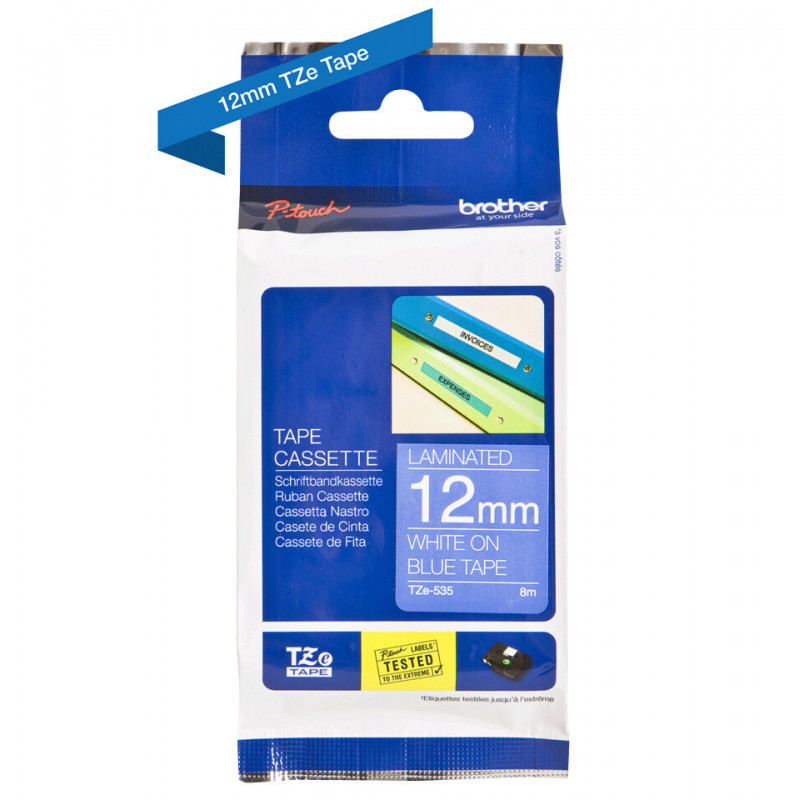 Brother TZe-535 - Cassette à ruban pour étiqueteuse originale – Blanc sur bleu, 12 mm de large