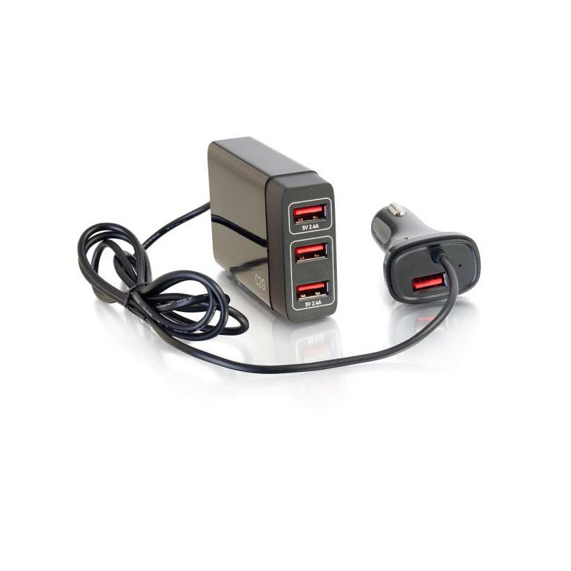 C2G Chargeur voiture USB 4 ports avec rallonge pour les passagers, sortie de 5,8 A