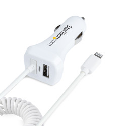 StarTech.com Chargeur Voiture Lightning avec Câble Spiralé - Chargeur Iphone 1m - Double Chargeur USB pour Telephones et Tabl