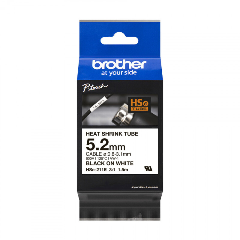 Brother HSE-211E - Gaine thermo-rétractable originale - Noir sur blanc, largeur 5,2mm